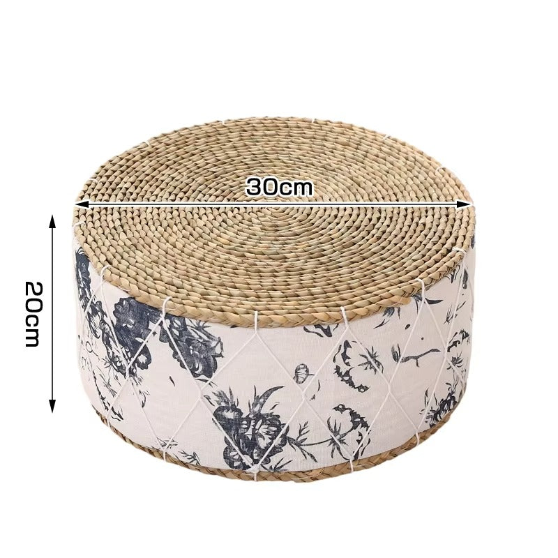 Pouf Rotondo Naturale in Giunco con Rivestimento in Cotone – Seduta Bassa Stile Japandi