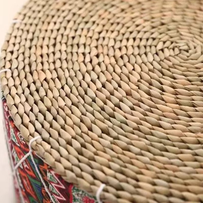 Pouf Rotondo Naturale in Giunco con Rivestimento in Cotone – Seduta Bassa Stile Japandi