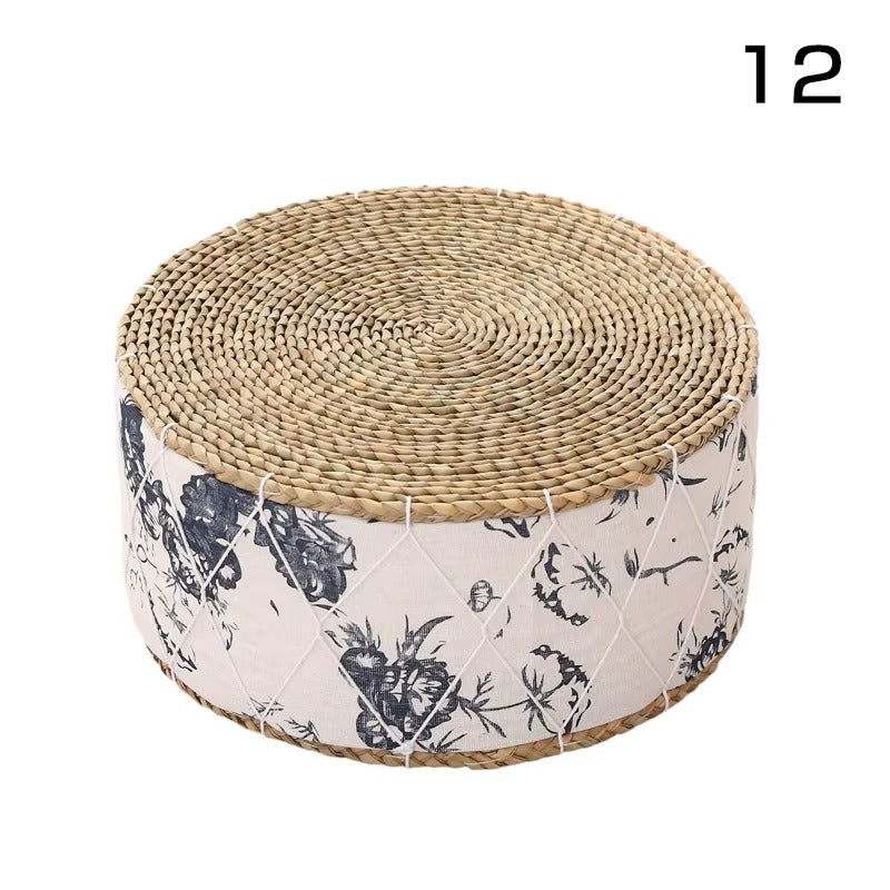 Pouf Rotondo Naturale in Giunco con Rivestimento in Cotone – Seduta Bassa Stile Japandi